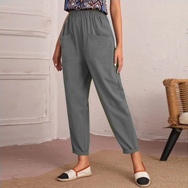 Damen Trendige Leinenhose mit elastischem Bund und praktischen Taschen EB