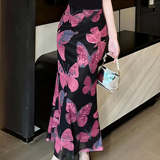 Damen elegantes Maxikleid mit floralem Schmetterlingsmuster und fließendem Stoff EB
