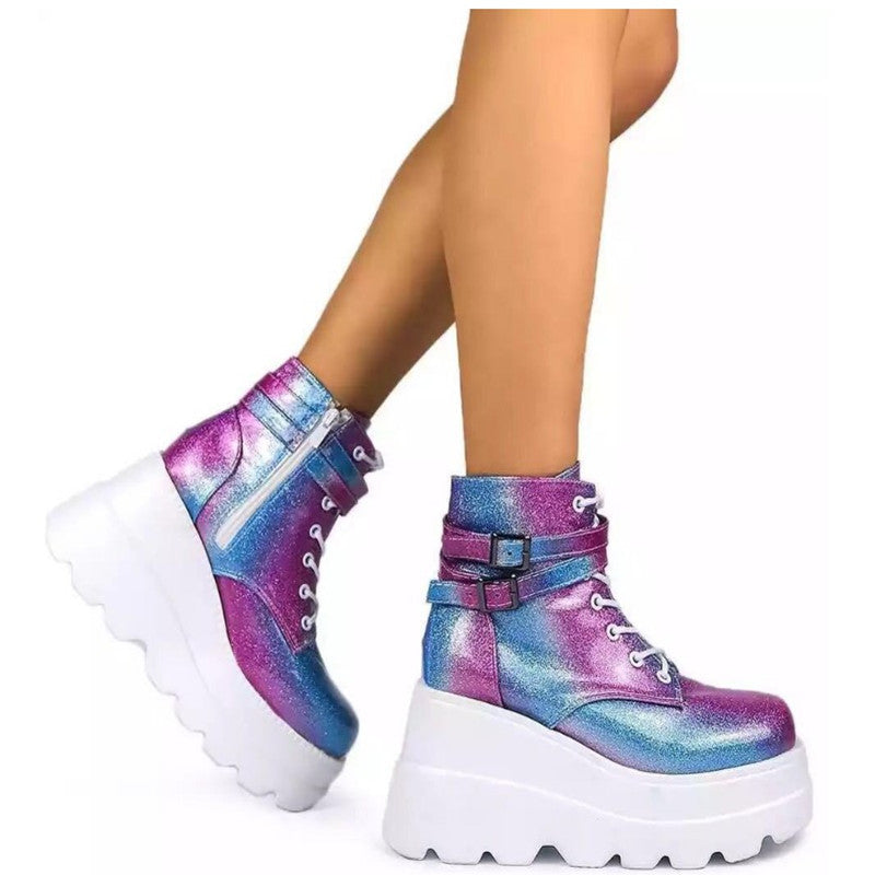 Damen Plateau-Stiefel mit modischem Schnallen-Design und praktischem Reißverschluss EB
