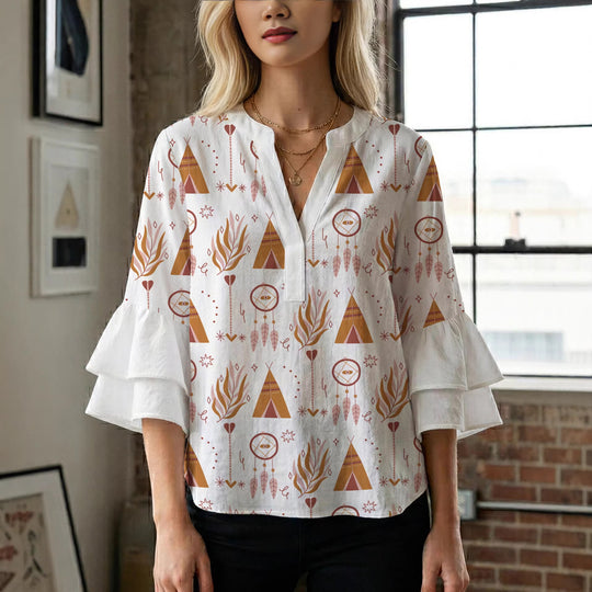 Damen Bluse mit voluminösen Rüschenärmeln und modernem Motiv EB