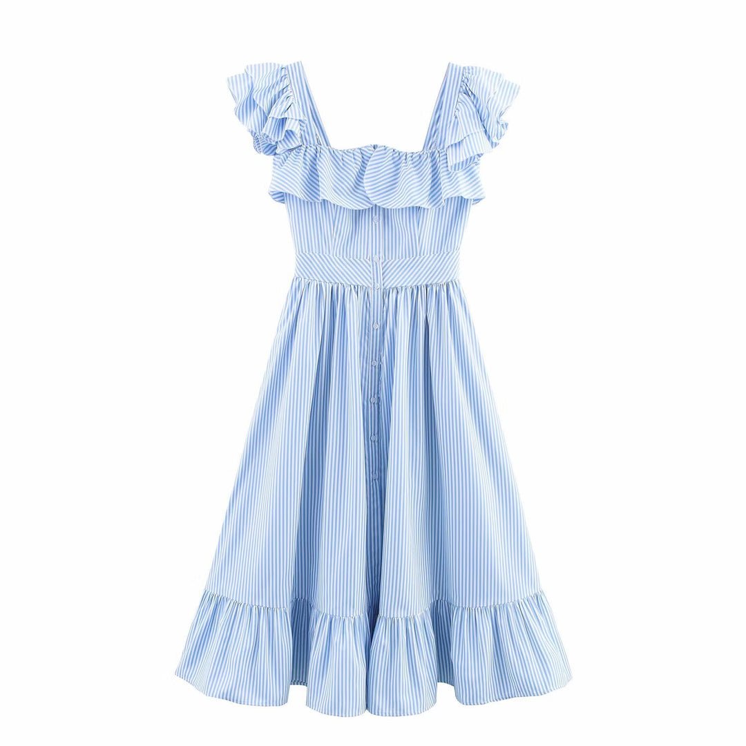 Damen Maxikleid mit voluminösem Rüschen-Design und Knopfverschluss EB