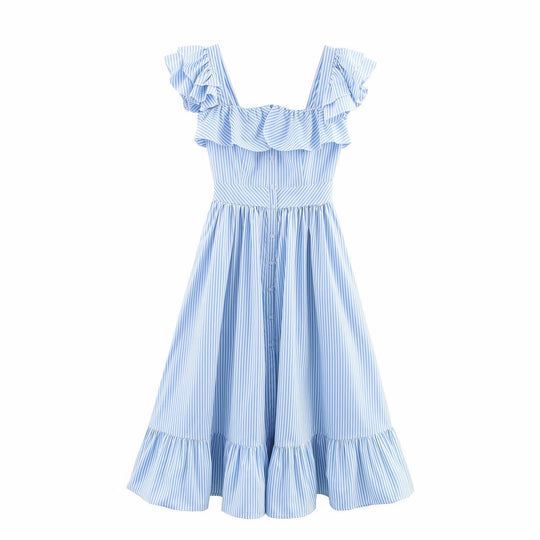 Damen Maxikleid mit voluminösem Rüschen-Design und Knopfverschluss EB