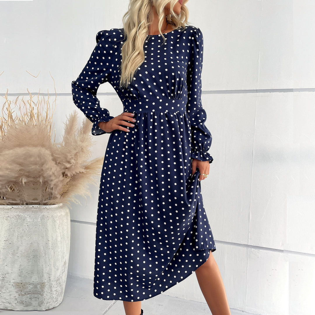 Damen Midi-Kleid mit eleganten Puffärmeln und punktiertem Design EB