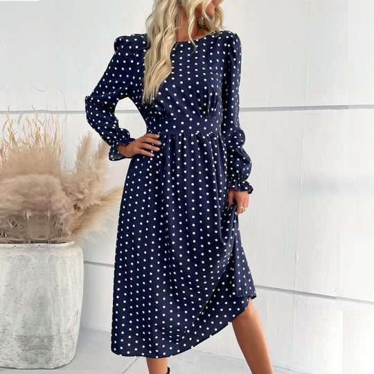 Damen Midi-Kleid mit eleganten Puffärmeln und punktiertem Design EB