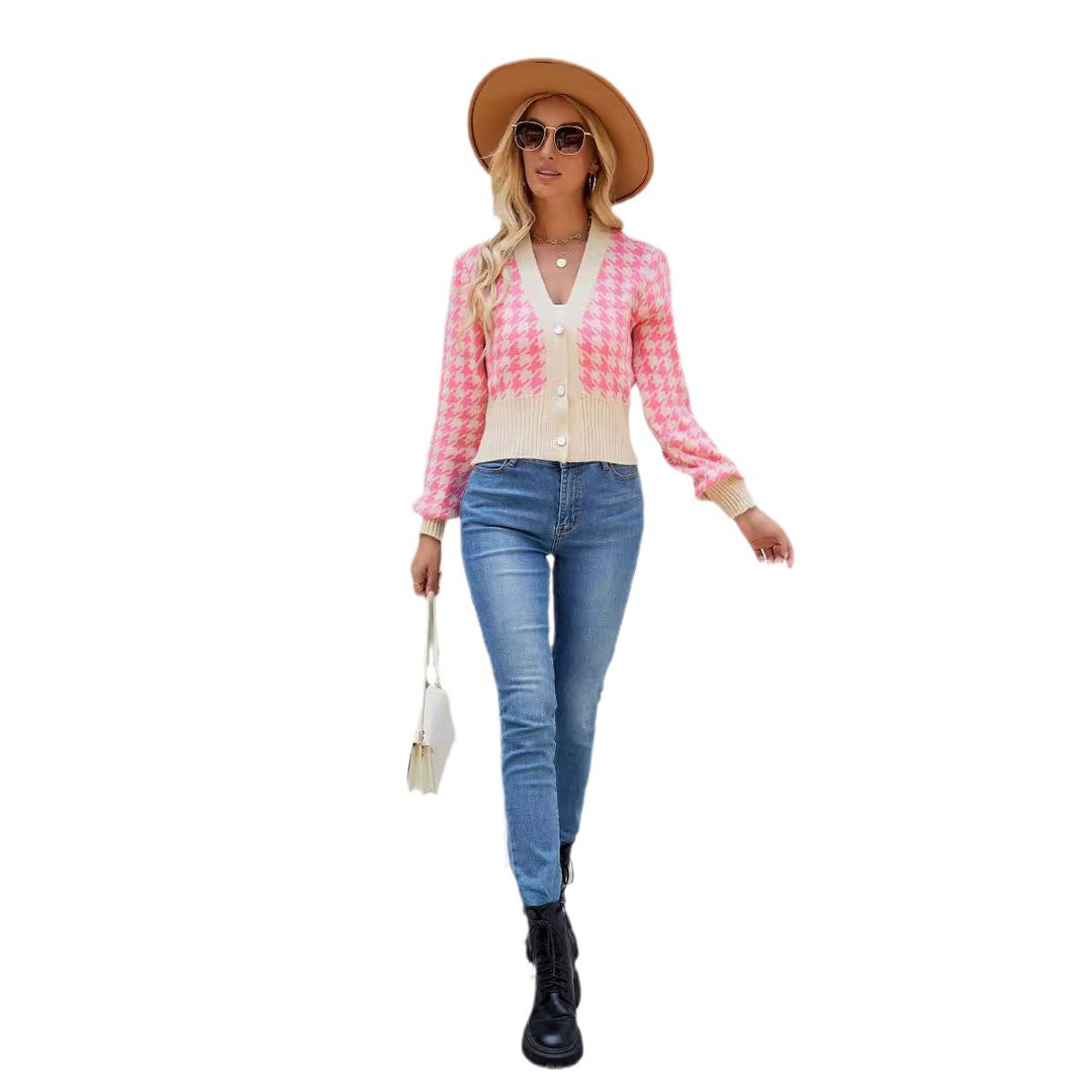 Damen modische Strickjacke mit Schachbrettmuster und Knopfdetails EB