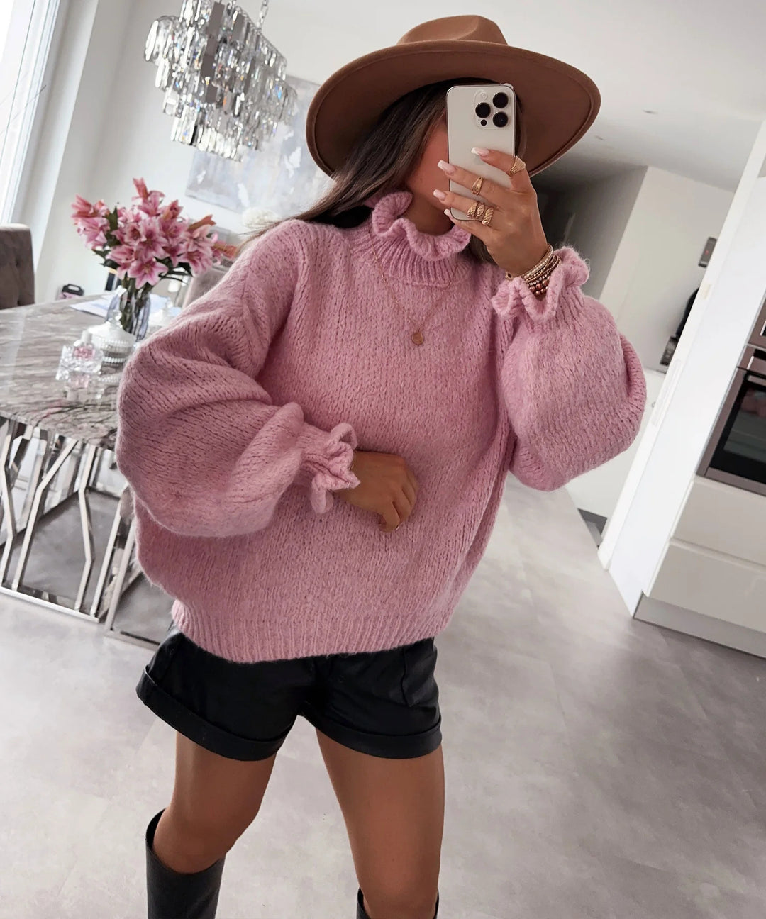 Damen kuscheliger Rollkragenpullover mit weiten Ärmeln und strukturellem Design EB