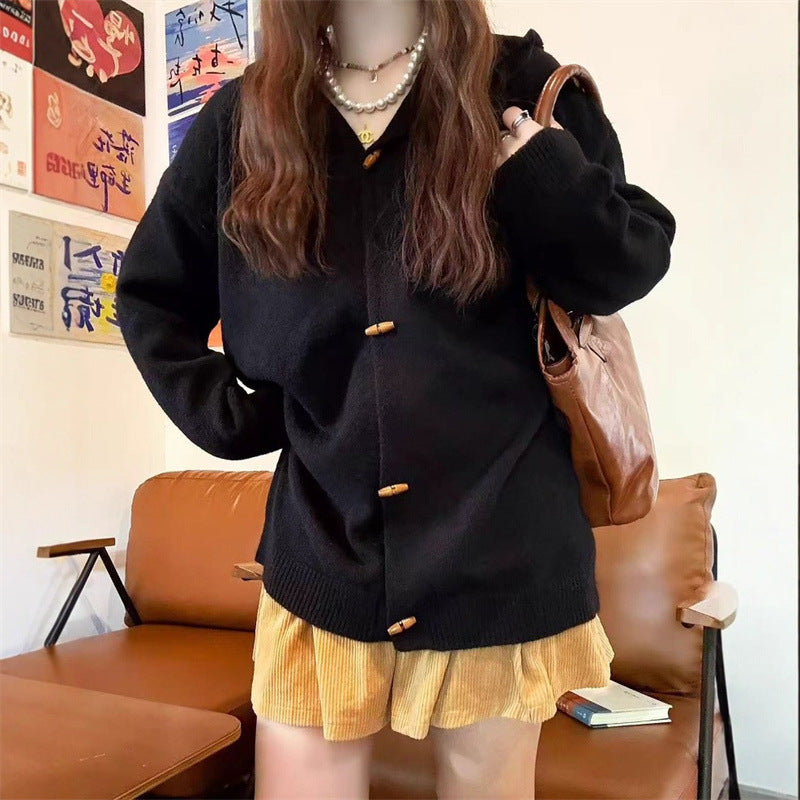 Damen stylische Strickjacke mit Kapuze und dekorativen Knöpfen EB