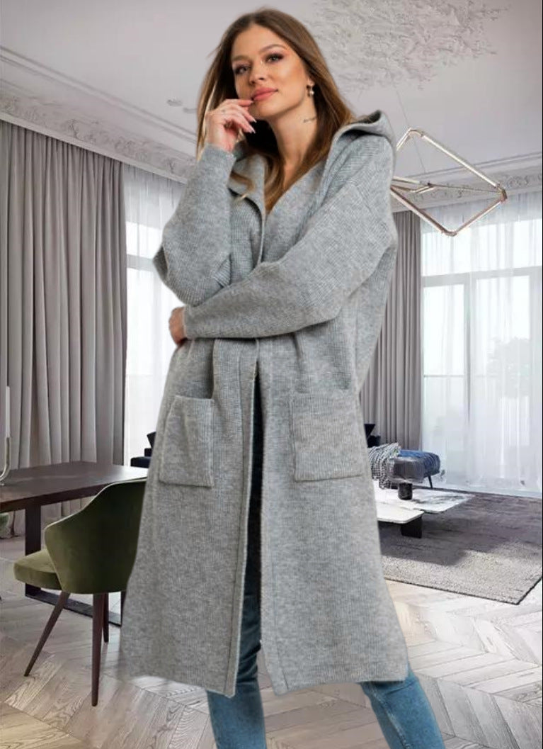Damen Strickmantel mit Kapuze und großen Taschen EB