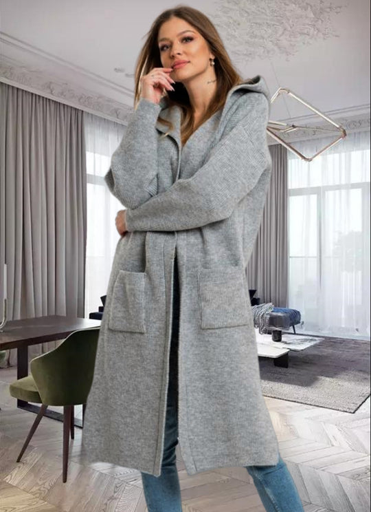 Damen Strickmantel mit Kapuze und großen Taschen EB