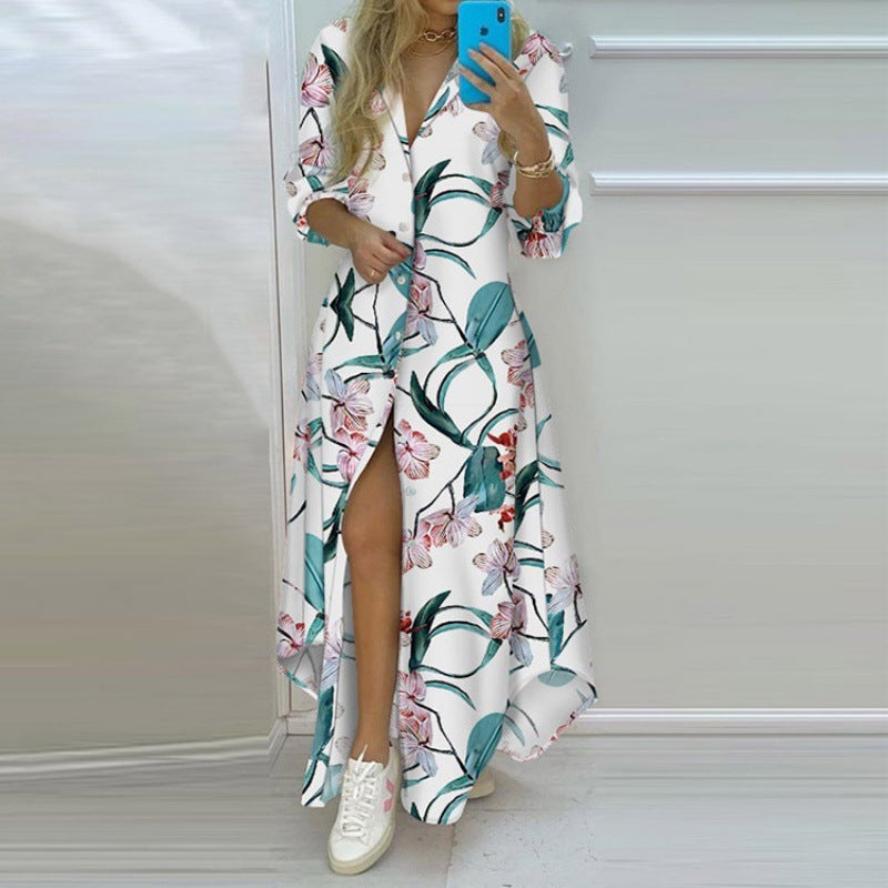 Damen Maxikleid mit Aufdruck im Zeitungslayout und seitlichem Schlitz EB