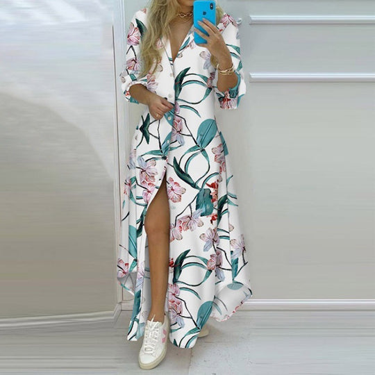 Damen Maxikleid mit Aufdruck im Zeitungslayout und seitlichem Schlitz EB