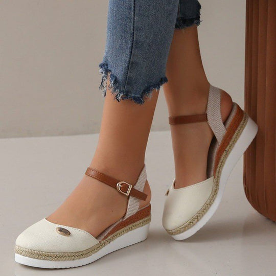 Damen Wedgesandalen mit elastischem Riemen und Jute-Applikation EB