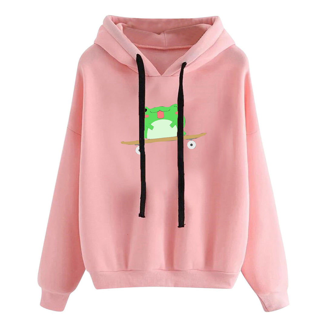 Damen nan kurz geschnittener Cropped-Kapuzenpullover mit niedlicher Frosch-Illustration und verstellbarer Kapuze EB
