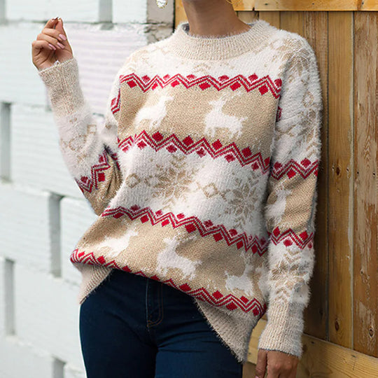 Damen gemütlicher Weihnachtspullover mit festlichem Rentierdesign EB