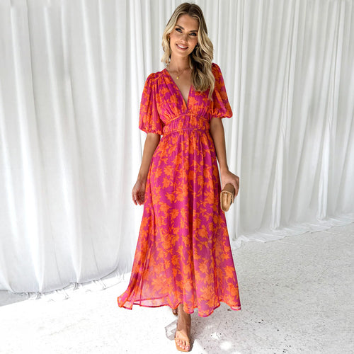 Damen Maxikleid mit voluminösen Ärmeln EB