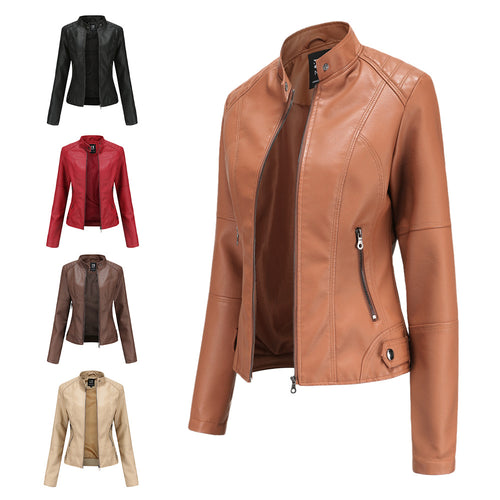 Damen nan schlanke Kunstlederjacke im Bikerstil mit Stehkragen und formenden Abnähern EB