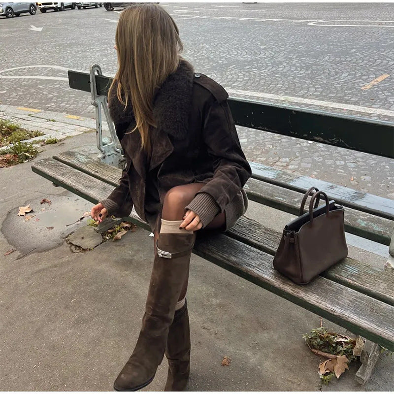 Damen Modische Wildlederjacke mit kuscheligem Kragen EB