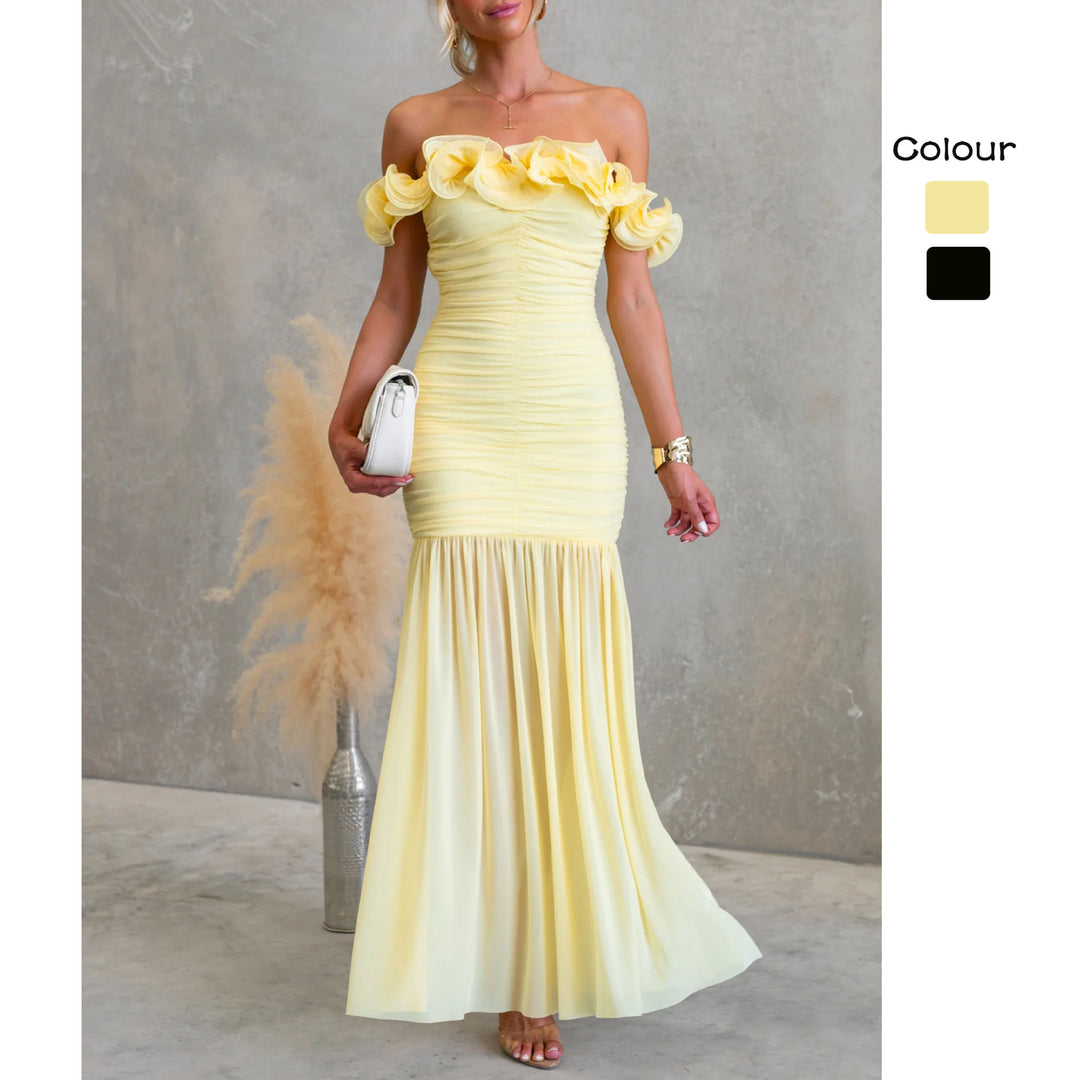 Damen Off-Shoulder Maxikleid mit voluminösen Rüschendetails und elegantem Taillenschnitt EB