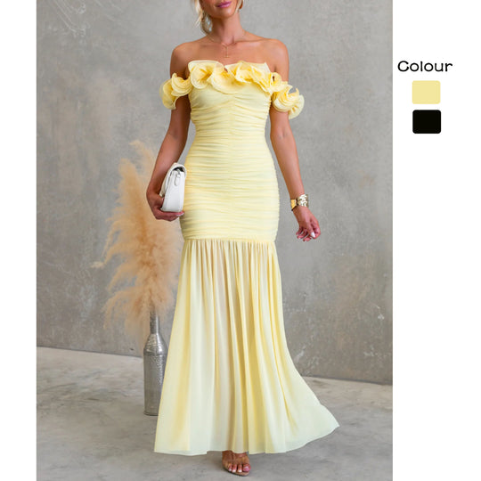 Damen Off-Shoulder Maxikleid mit voluminösen Rüschendetails und elegantem Taillenschnitt EB