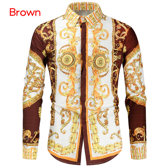 Herren nan barockes Langarm-Hemd mit ornamentalem Druck, Kentkragen und tailliertem Schnitt EB
