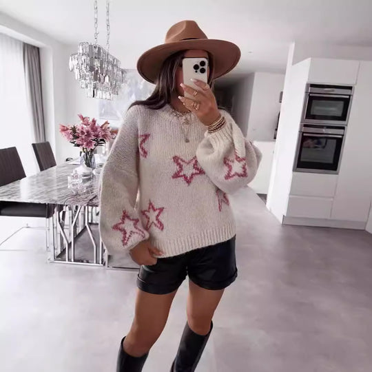 Damen Strickpullover mit Sternen-Design und weit ausgestellten Ärmeln EB