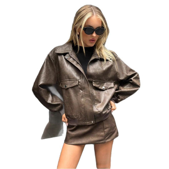 Damen Lässige und stylische Kunstlederjacke mit praktischen Taschen EB