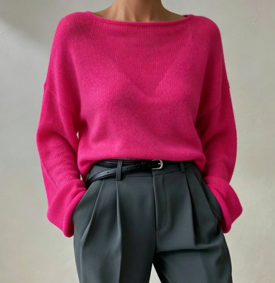 Damen luftiger Oversize-Feinstrickpullover mit weitem Arm und Rundhalsausschnitt EB