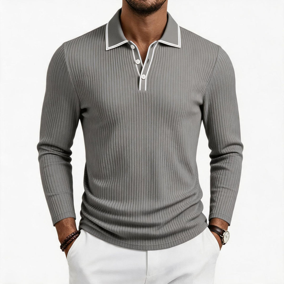 Herren nan fein geripptes Langarm-Poloshirt aus elastischer Merino-Mixqualität mit Kontrastkanten EB