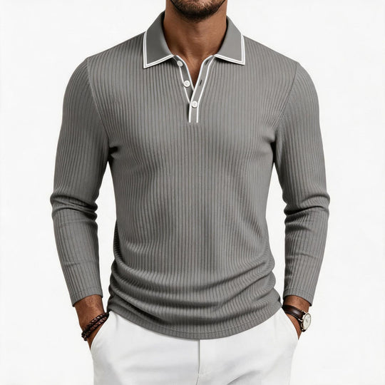 Herren nan fein geripptes Langarm-Poloshirt aus elastischer Merino-Mixqualität mit Kontrastkanten EB