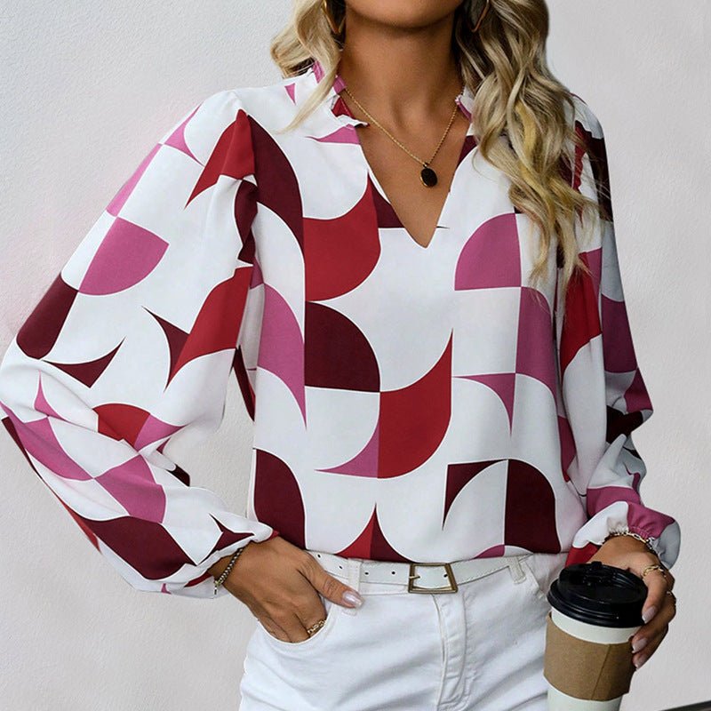 Damen Bluse mit Modischem V-Ausschnitt und Einzigartigem Muster EB