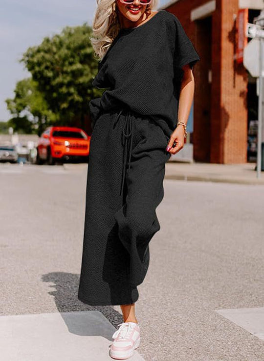 Damen lässiges Jumpsuit-Set aus weichem Material mit elastischem Bund und weit geschnittenen Beinen EB