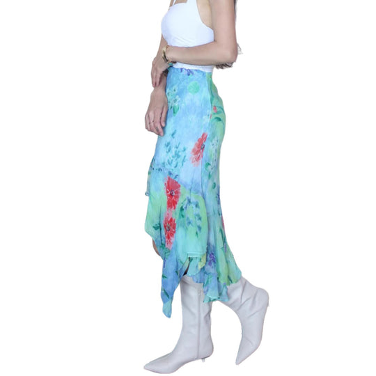 Damen asymmetrischer Rüschenrock aus floralem Chiffon EB