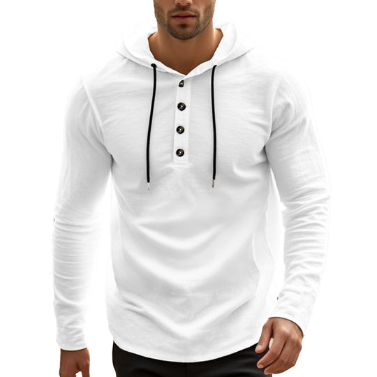 Herren nan lässiger Kapuzenpullover im Henley‑Stil mit Knopfleiste und verstellbarem Kordelzug EB
