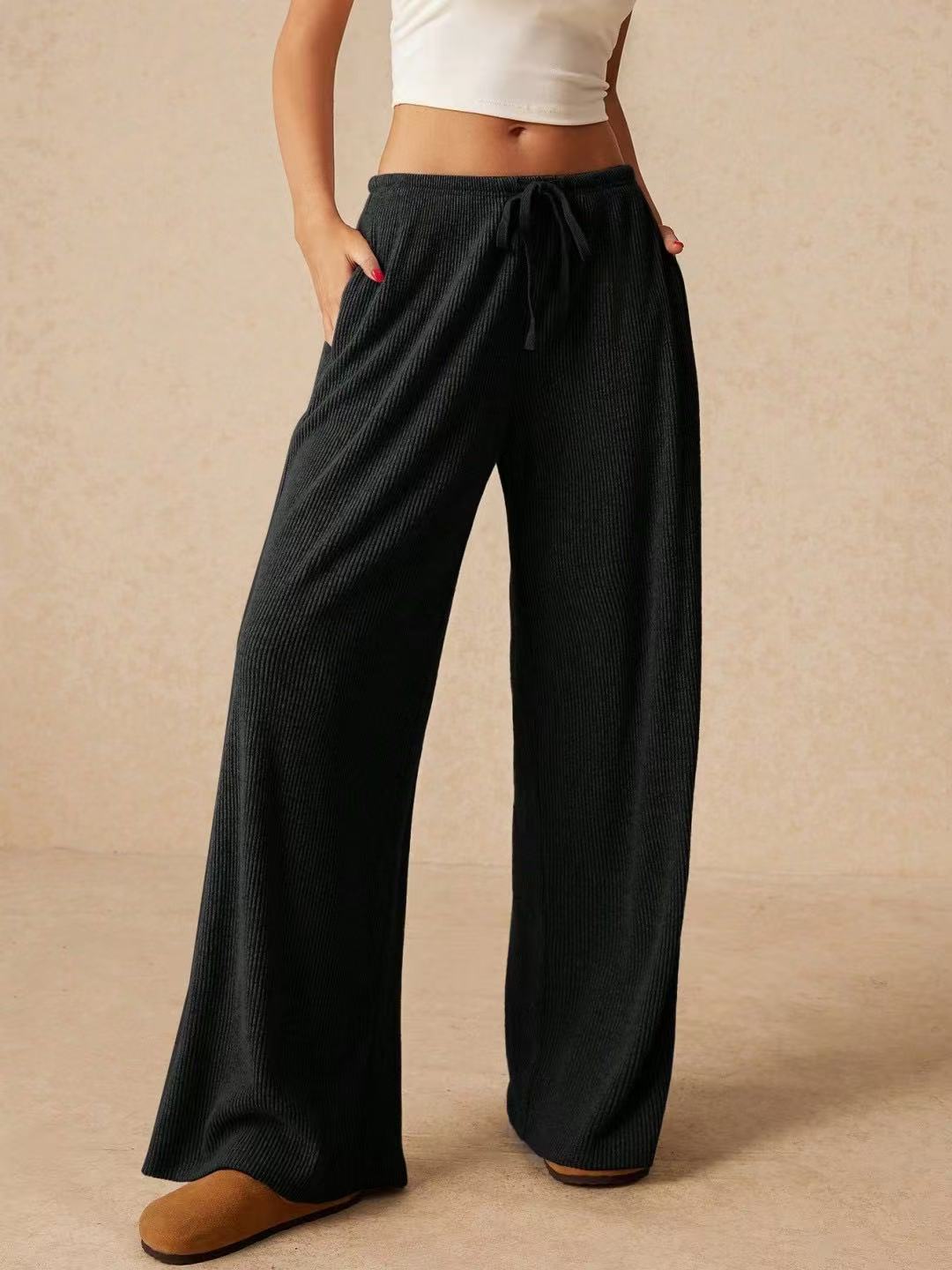 Damen weite Strickhose mit verstellbarem Bund und seitlichen Taschen EB