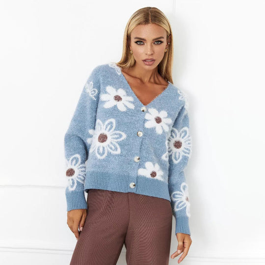Damen Modische Strickjacke mit Blumenmuster EB