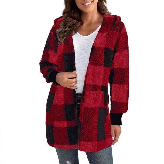 Damen Fleecejacke mit Karomuster und Kapuze EB