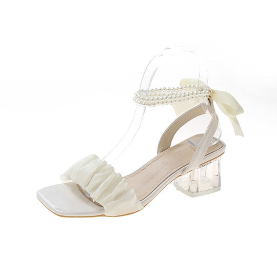 Damen elegante Blockabsatz Sandalen mit Rüschendetail und Perlenschmuck EB