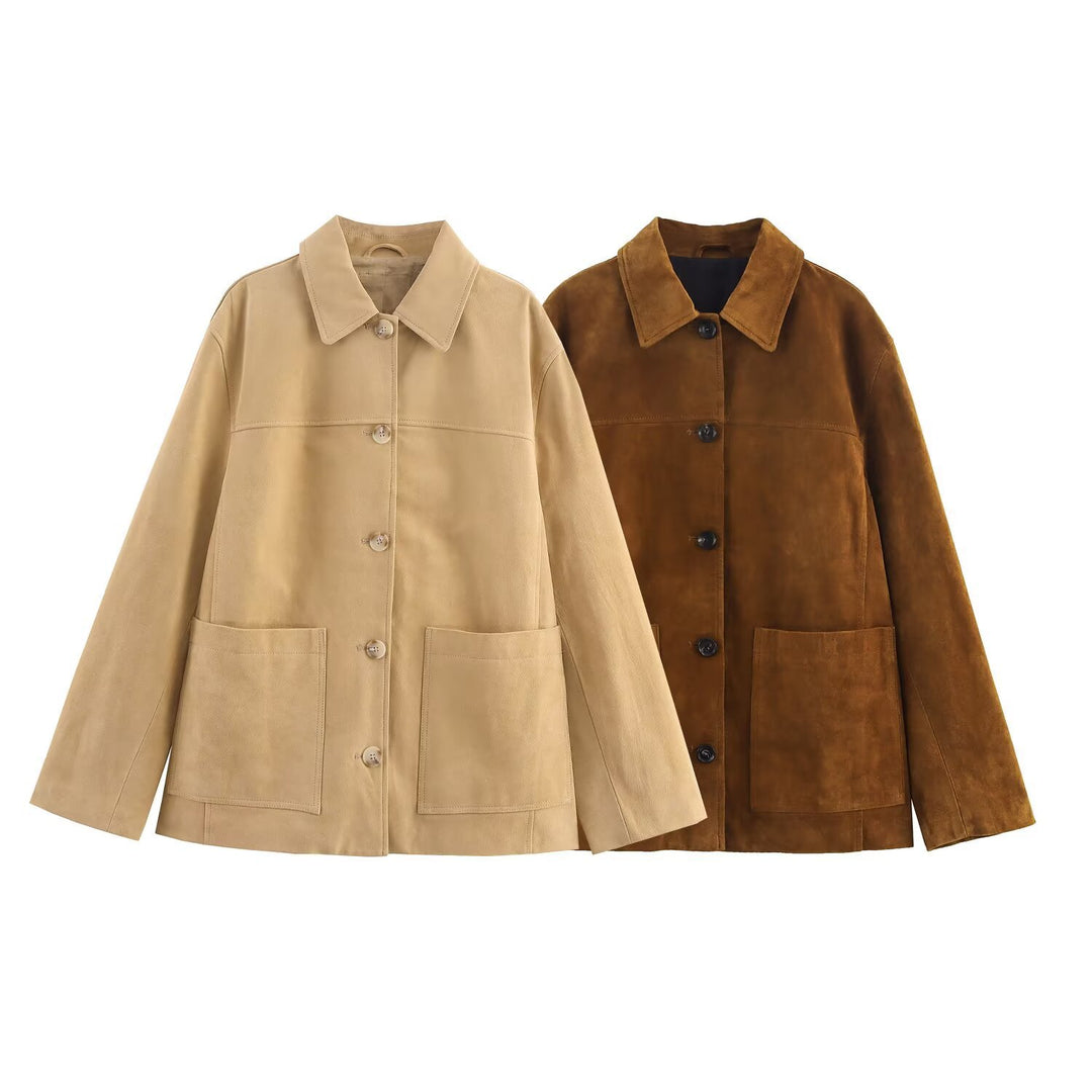Damen lässige Wildlederjacke mit praktischen Taschen und modischem Schnitt EB