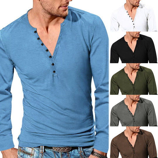 Herren nan langärmeliges Henleyshirt mit tiefer V-Knopfleiste, schmalem Slimfit und leichter Baumwollmischung EB