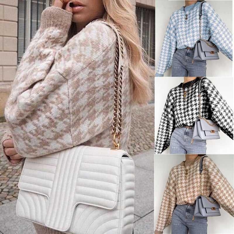 Damen gemütlicher Strickpullover mit modernem Hahnentrittmuster und weit geschnittenen Ärmeln EB