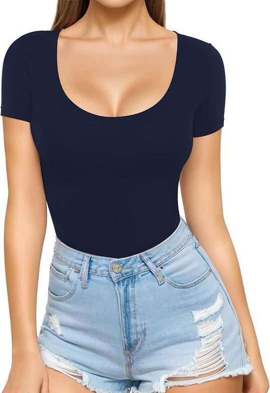 Damen figurbetontes Kurzarm-Body mit rundem Ausschnitt und nahtlosem Design EB