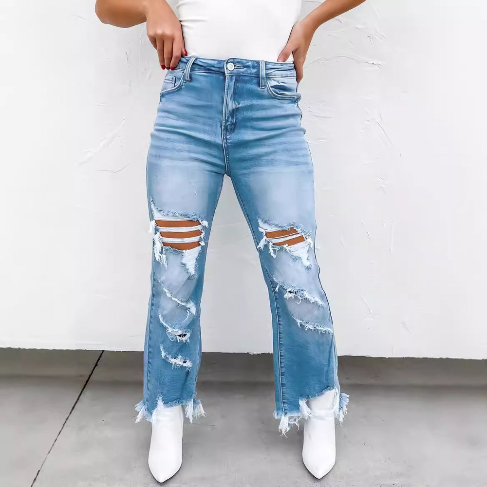 Damen Flared Jeans mit modischen Destroyed-Details und hoch geschnittenem Bund EB