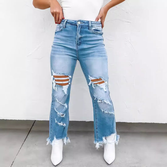 Damen Flared Jeans mit modischen Destroyed-Details und hoch geschnittenem Bund EB