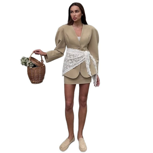 Damen modisches Blazer-Kleid mit hochgeschlossenem Kragen und Rüschendetails EB