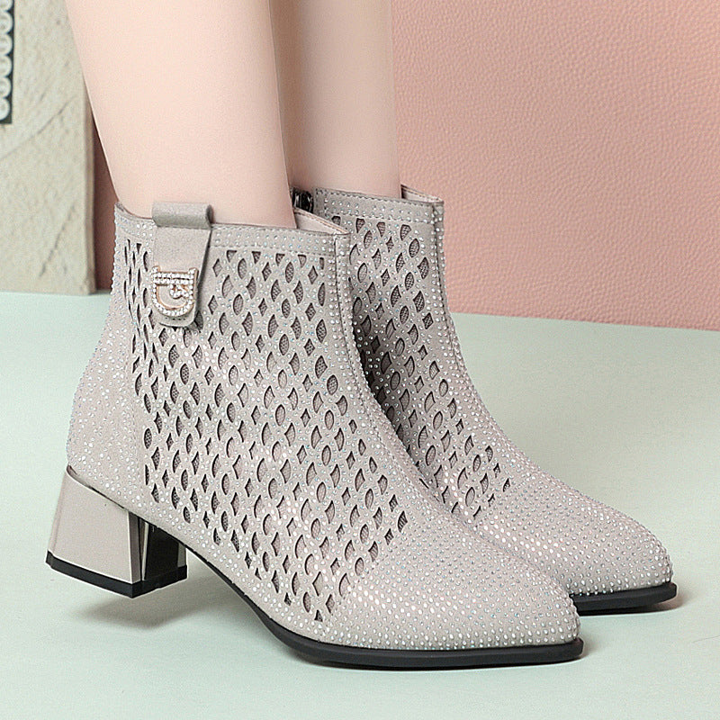 Damen Ankle Boots mit dekorativem Netzdesign und komfortablem Blockabsatz EB