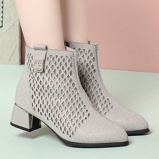 Damen Ankle Boots mit dekorativem Netzdesign und komfortablem Blockabsatz EB