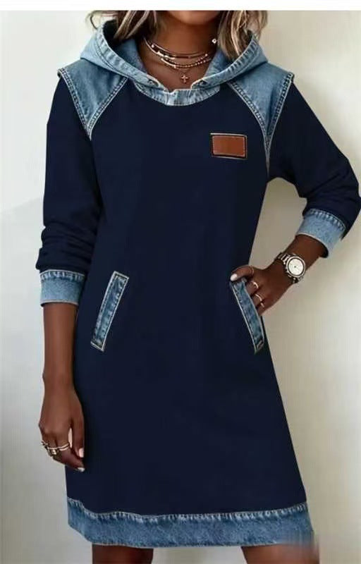 Damen nan Kapuzen-Sweatkleid mit Jeans-Applikationen, Kängurutaschen und lässigem Schnitt EB
