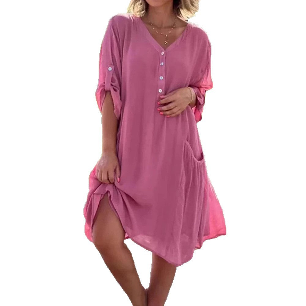 Damen Freizeitkleid mit praktischem Knopfverschluss und Taschen Heidi-Mode