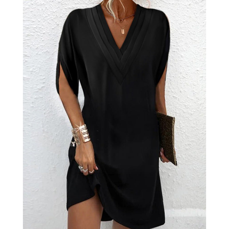 Damen elegantes V-Ausschnitt Kleid mit seitlichen Schlitzen und lässigem Schnitt EB