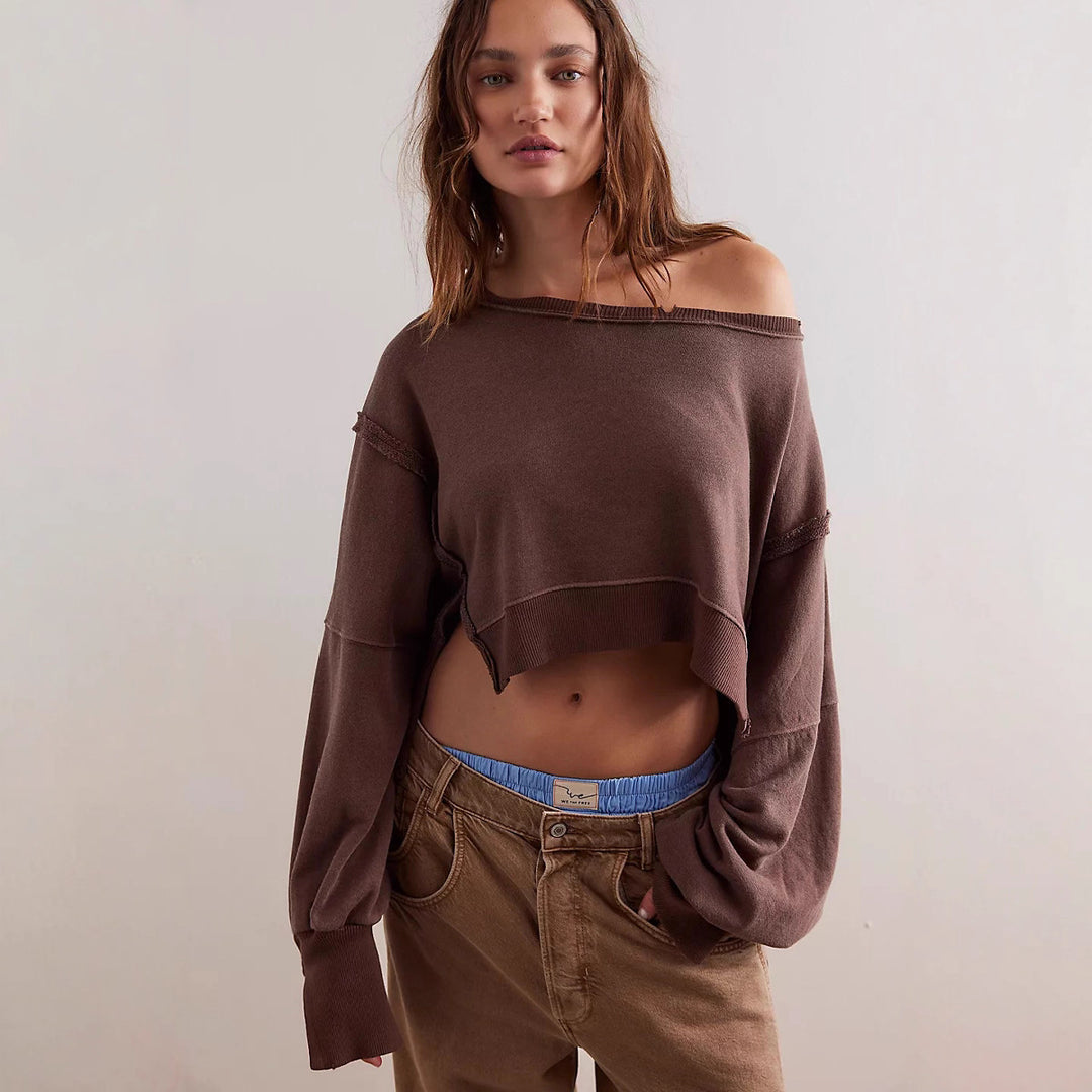 Damen cropped Oversize-Sweatshirt mit Daumenloch, fransigem Saum und weitem Raglanärmel Eichborn Berlin